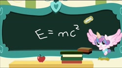 Size: 1280x720 | Tagged: safe, edit, edited screencap, screencap, princess flurry heart, pony, a flurry of emotions, chalkboard, discovery family logo, e=mc^2, einstein's theory of relativity, exploitable meme, flurry art, flurry heart's chalkboard, mass-energy equivalence, meme, princess flurry smart, solo