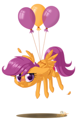 Size: 800x1267 | Tagged: safe, artist:unisoleil, derpibooru import, scootaloo, pegasus, pony, :t, balloon, blushing, chest fluff, chibi, colored pupils, ear fluff, embarrassed, feather, female, filly, floating, floppy ears, frown, glare, looking at you, scootaloo can't fly, scrunchy face, simple background, solo, spread wings, transparent background, wavy mouth, wings