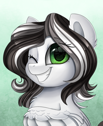 Size: 1446x1764 | Tagged: safe, artist:pridark, derpibooru import, oc, oc only, pegasus, pony, bust, commission, female, green eyes, one eye closed, portrait, smiling, solo, teeth, wink