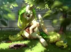 Size: 2351x1700 | Tagged: safe, artist:aphphphphp, derpibooru import, oc, oc only, pegasus, pony, dappled sunlight, female, flower pot, mare, plant, solo, trowel