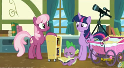 Size: 852x468 | Tagged: safe, screencap, cheerilee, spike, twilight sparkle, twilight sparkle (alicorn), alicorn, dragon, pony, a flurry of emotions, book, bookshelf, lidded eyes, stoner spike, stroller