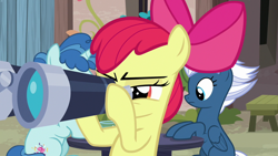 Size: 1280x720 | Tagged: safe, screencap, apple bloom, night glider, party favor, earth pony, pegasus, pony, unicorn, hard to say anything, apple bloom's bow, binoculars, bipedal, bow, female, filly, frown, hair bow, lidded eyes, looking at each other, looking down, our town, sitting, solo focus, trio, wings