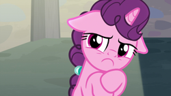 Size: 1280x720 | Tagged: safe, screencap, sugar belle, pony, hard to say anything, floppy ears, frown, solo, unamused