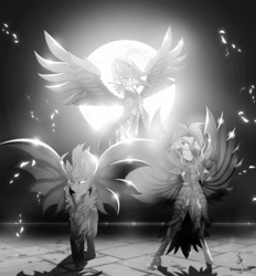 Size: 2300x2478 | Tagged: safe, artist:zidanemina, derpibooru import, captain celaeno, princess skystar, tempest shadow, my little pony: the movie, armor, black and white, black armor, caballeros del zodiaco, crossover, grayscale, monochrome, moon, night, saint seiya, trio, winged