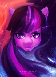 Size: 837x1149 | Tagged: safe, artist:kityenmatoi, derpibooru import, twilight sparkle, female, looking at you, solo, space, stars