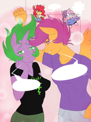 Size: 1200x1600 | Tagged: safe, artist:lurking tyger, derpibooru import, apple bloom, barb, scootaloo, spike, sweetie belle, anthro, angry, clothes, cutie mark crusaders, female, half r63 shipping, lesbian, older, older apple bloom, older scootaloo, older sweetie belle, ponified, rule 63, scootabarb, scootaspike, shipping, straight