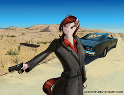 Size: 1600x1224 | Tagged: safe, artist:apocheck13, derpibooru import, oc, oc only, anthro, plantigrade anthro, anthro oc, car, clothes, coat, desert, dodge charger, female, gun, solo, weapon