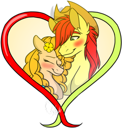 Size: 1024x1077 | Tagged: safe, artist:colourstrike, derpibooru import, bright mac, pear butter, earth pony, pony, blushing, brightbutter, bust, female, flower, flower in hair, heart, male, shipping, simple background, straight, transparent background