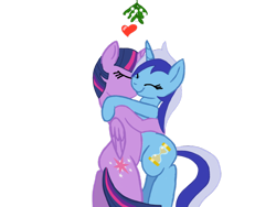 Size: 1024x768 | Tagged: safe, artist:turnaboutart, derpibooru import, minuette, twilight sparkle, twilight sparkle (alicorn), alicorn, unicorn, base used, eyes closed, female, heart, kissing, lesbian, mistletoe, shipping, simple background, transparent background, twinuette