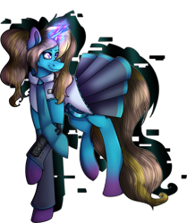 Size: 1024x1225 | Tagged: safe, artist:fizzy2014, oc, oc only, oc:fizzy, pony, unicorn, clothes, cosplay, costume, error, female, glitch, magic, mare, necktie, simple background, skirt, skirt lift, solo, transparent background, vocaloid