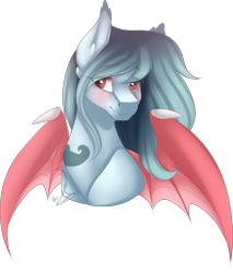 Size: 1532x1801 | Tagged: safe, artist:mauuwde, derpibooru import, oc, oc only, oc:umi, bat pony, pony, bat wings, blushing, bust, colored wings, ear fluff, fangs, female, lightly watermarked, looking at you, mare, red eyes, simple background, solo, spread wings, transparent background, watermark, wing claws, wings