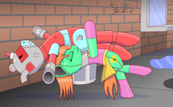 Size: 3193x1985 | Tagged: safe, artist:trackheadtherobopony, derpibooru import, oc, oc:goldheart, oc:missilehorn, pony, robot, robot pony, alley, damage, fight, signature, suplex