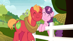 Size: 1600x900 | Tagged: safe, derpibooru import, screencap, big macintosh, sugar belle, earth pony, pony, unicorn, marks for effort, cute, duo, eyes closed, female, male, mare, nuzzling, shipping, smiling, stallion, straight, sugarbetes, sugarmac