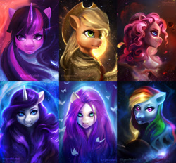 Size: 1237x1149 | Tagged: safe, artist:kityenmatoi, derpibooru import, applejack, fluttershy, pinkie pie, rainbow dash, rarity, twilight sparkle, anthro, female, mane six, space, stars