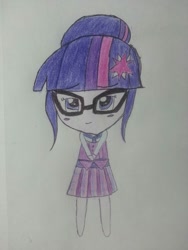 Size: 1224x1632 | Tagged: safe, artist:moonlight0cean, derpibooru import, sci-twi, twilight sparkle, equestria girls, chibi, clothes, crystal prep academy uniform, school uniform, solo, traditional art