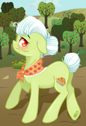 Size: 1000x1474 | Tagged: safe, artist:silvah-chan, artist:sketchyhowl, granny smith, pony, solo, tree, walking, wrong eye color