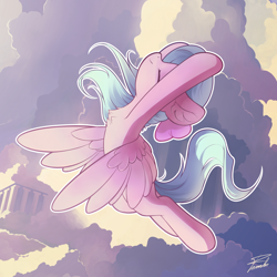 Size: 2200x2200 | Tagged: safe, artist:freeedon, derpibooru import, flitter, pegasus, pony, bow, chest fluff, ear fluff, eyes closed, female, flying, hair bow, mare, sky, solo, spread wings, wings