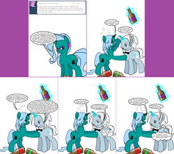 Size: 1804x1604 | Tagged: safe, artist:dekomaru, oc, oc only, oc:hazel lulamoon, oc:iniduoh, pony, ask, bottle, drunk, female, magic, male, mare, stallion, tumblr, tumblr:ask twixie