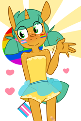 Size: 1280x1920 | Tagged: safe, artist:kryptchild, derpibooru import, snails, anthro, alternate hairstyle, clothes, cute, female, flag, gay pride flag, glitter shell, heart, lace, pride, pride flag, pride month, rainbow, shirt, shorts, solo, strapless, strapless shirt, trans girl, transgender, transgender pride flag, waving