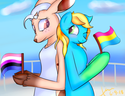 Size: 3300x2550 | Tagged: safe, artist:xerawrapspony, derpibooru import, oc, oc:coffee doe, oc:xera wraps, deer, pony, doe, flag, genderfluid, genderfluid pride flag, hoof hold, pansexual, pansexual pride flag, pride, pride flag, pride month