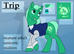 Size: 1145x840 | Tagged: safe, artist:mythpony, derpibooru import, oc, oc:trip, pony, unicorn, clothes, male, reference sheet, shirt, solo, stallion, vest