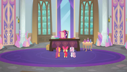 Size: 1600x900 | Tagged: safe, derpibooru import, screencap, apple bloom, scootaloo, sweetie belle, twilight sparkle, twilight sparkle (alicorn), alicorn, pony, marks for effort, cutie mark crusaders, desk, female, filly, foal, in trouble, magic, mare, school of friendship, telekinesis, twilight's office