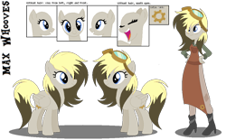 Size: 1020x631 | Tagged: safe, artist:nightmarye, derpibooru import, oc, oc only, oc:max whooves, pegasus, pony, equestria girls, female, goggles, mare, offspring, parent:derpy hooves, parent:doctor whooves, parents:doctorderpy, reference sheet, simple background, solo, transparent background
