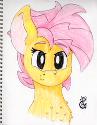 Size: 3317x4252 | Tagged: safe, artist:andandampersand, oc, oc only, oc:beauty cheat, pegasus, pony, absurd resolution, big ears, bust, c:, chest fluff, female, looking at you, mare, portrait, smiling, solo, traditional art