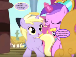 Size: 576x432 | Tagged: safe, derpibooru import, edit, edited screencap, screencap, amethyst star, carrot top, cherry berry, dinky hooves, golden harvest, sparkler, earth pony, pony, unicorn, surf and/or turf, background pony, cropped, duo focus, female, filly, friendship express, implied derpy, magic aura, mare, sisterly sparkler, sisters, speech bubble, text, train station