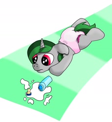 Size: 2155x2355 | Tagged: safe, artist:wittleskaj, oc, oc only, oc:ebony rain, pony, unicorn, bottle, diaper, female, filly, foal, milk, simple background, solo