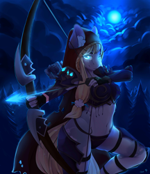 Size: 3300x3814 | Tagged: safe, artist:chapaevv, artist:empaws, derpibooru import, oc, oc only, oc:popurri jewel, anthro, collaboration, anthro oc, archery, armor, bow, ear fluff, female, looking at you, magic, mare, midriff, moon, night, solo, sylvanas windrunner, tree, unconvincing armor, warcraft, weapon, world of warcraft