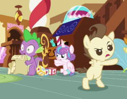 Size: 602x469 | Tagged: safe, screencap, pound cake, princess flurry heart, pumpkin cake, spike, alicorn, dragon, a flurry of emotions, baby ponies, diaper, female, gif, male, non-animated gif, toy