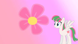 Size: 1920x1080 | Tagged: safe, artist:nicolasdominique, derpibooru import, blossomforth, pegasus, pony, female, flower, gradient background, mare, solo