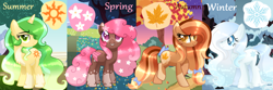 Size: 3140x1042 | Tagged: safe, artist:sugaryicecreammlp, derpibooru import, earth pony, pegasus, pony, unicorn, autumn, base used, female, mare, ponified, spring, summer, winter