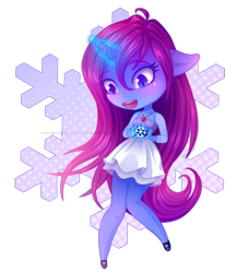 Size: 958x1102 | Tagged: safe, artist:caramelflower, derpibooru import, oc, oc only, anthro, unicorn, chibi, clothes, cute, dress, female, jewelry, magic, mary janes, necklace, shoes, simple background, skirt, snow, snowflake, transparent background