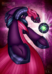 Size: 905x1280 | Tagged: safe, artist:calena, tempest shadow, pony, my little pony: the movie, abstract background, armor, bomb, broken horn, frog (hoof), patreon, patreon logo, solo, underhoof, weapon