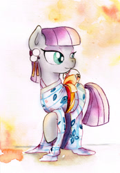Size: 1600x2294 | Tagged: safe, artist:mashiromiku, derpibooru import, maud pie, earth pony, pony, clothes, commission, kimono (clothing), smiling, solo, traditional art, watercolor painting