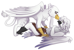 Size: 1085x737 | Tagged: safe, derpibooru import, oc, oc only, oc:ezekael camdon, oc:solarus, anthro, griffon, albino, bedroom eyes, cute, interspecies, macaw, romantic, shipping, simple background, transparent background