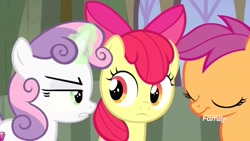 Size: 1280x720 | Tagged: safe, derpibooru import, screencap, apple bloom, scootaloo, sweetie belle, earth pony, pegasus, pony, unicorn, surf and/or turf, cutie mark crusaders, glowing horn, magic, ribbon, sweetie belle is not amused, unamused