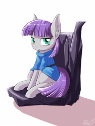 Size: 1200x1600 | Tagged: safe, artist:phoenixperegrine, maud pie, earth pony, pony, blushing, clothes, female, looking at you, mare, simple background, sitting, smiling, solo