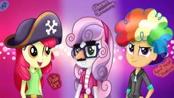 Size: 3200x1800 | Tagged: safe, artist:liniitadash23, apple bloom, scootaloo, sweetie belle, equestria girls, hard to say anything, agent rainbow head, clothes, cutie mark crusaders, equestria girls interpretation, funny face, hat, hoodie, nose, open mouth, pirate hat, pirate spy, rainbow wig, scene interpretation, shimmering spectacles, smiling, trio, wig