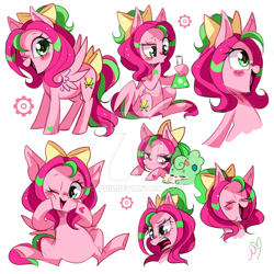 Size: 800x800 | Tagged: safe, artist:ipun, derpibooru import, oc, oc only, oc:gadget, oc:precious metal, pegasus, pony, blushing, bow, chibi, deviantart watermark, eyes closed, female, flask, hair bow, laughing, mare, one eye closed, open mouth, simple background, solo, watermark, wink