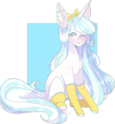 Size: 1634x1758 | Tagged: safe, artist:emily-826, derpibooru import, oc, oc only, oc:lily, pony, unicorn, clothes, female, mare, one eye closed, simple background, sitting, socks, solo, transparent background, wink