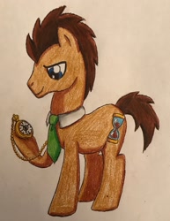 Size: 2252x2910 | Tagged: safe, artist:bozzerkazooers, derpibooru import, doctor whooves, earth pony, pony, male, solo, stopwatch, traditional art