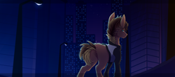 Size: 2000x889 | Tagged: safe, artist:skimea, derpibooru import, oc, oc:jimmy, earth pony, pony, clothes, male, night, shirt, solo, stallion