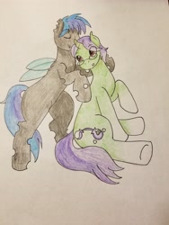 Size: 3024x4032 | Tagged: artist needed, safe, derpibooru import, oc, oc only, oc:crescent star, oc:raeonn, changeling, crystal pony, unicorn, crystal unicorn, cuddling, glasses, happy, love, sitting, sketch, traditional art