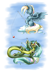 Size: 576x768 | Tagged: safe, artist:bluekite-falls, artist:sky-railroad, derpibooru import, oc, oc only, dragon, original species, pegasus, pony, cloud, dragon oc, fishing, fishing rod, hooves, male, on a cloud, pearl, simple background, sitting on cloud, spread wings, stallion, stripes, unnamed oc, wings