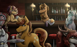 Size: 2400x1477 | Tagged: safe, artist:kikirdcz, oc, oc only, oc:cinnamon bun, oc:cookie, oc:northern lights, oc:sunrise skies, oc:thicket, deer, earth pony, original species, pegasus, pony, unicorn, alcohol, bar, bottle, commission, female, glass, hoers, looking at each other, male, mare, smiling, stallion, stool, table, wine glass