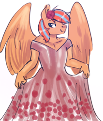 Size: 540x635 | Tagged: safe, artist:mrscurlystyles, derpibooru import, oc, oc only, oc:cold front, anthro, pegasus, anthro oc, clothes, crossdressing, dress, flower, looking at you, male, smiling, stallion, that stallion sure does love dresses