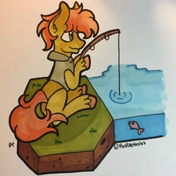 Size: 3024x3024 | Tagged: safe, artist:redpalette, derpibooru import, earth pony, pony, copic, cute, fishing, traditional art